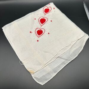 Vintage White Handkerchief with Embroidered Red Hearts – 1950s Linen
